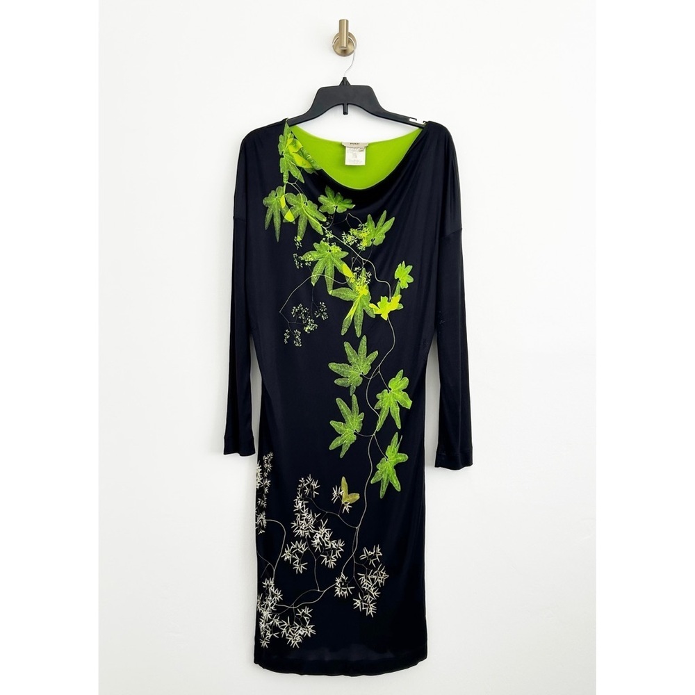 Fuzzi Black Green Floral Print Knee Length Jersey Viscose/Rayon Dress Size XL
